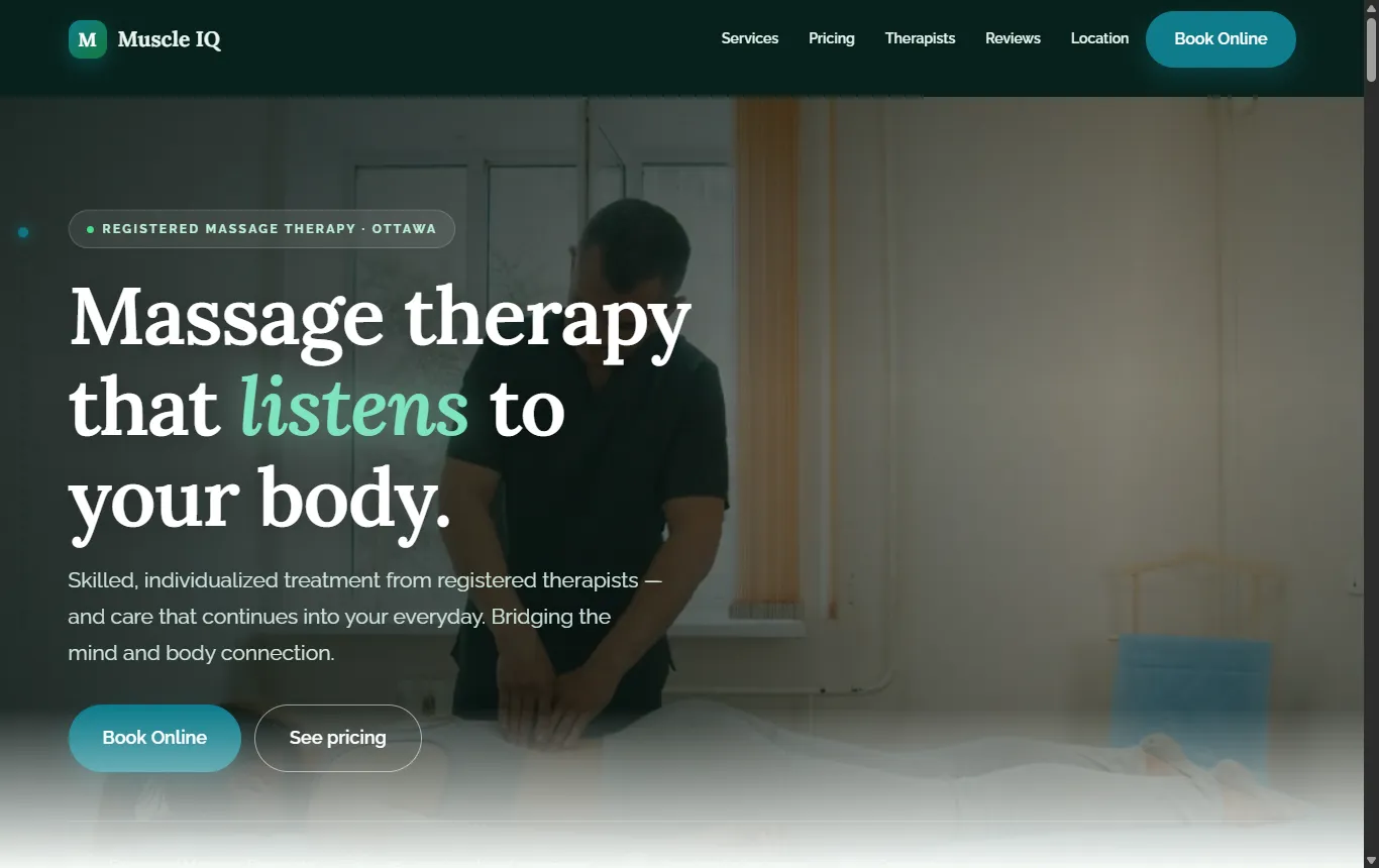 Muscle IQ website — custom mobile-first massage therapy clinic homepage.