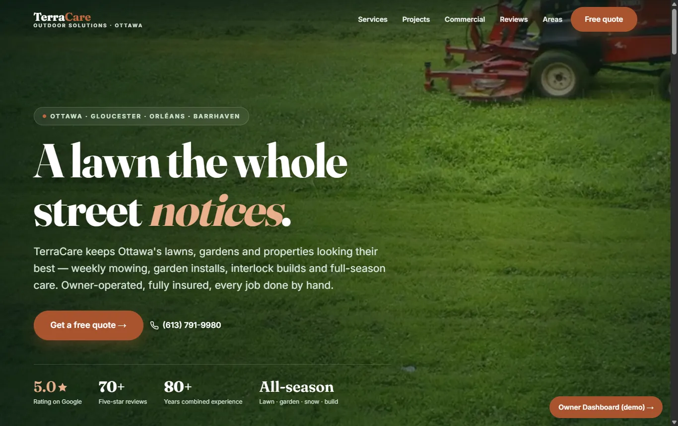 TerraCare website — cinematic outdoor-living lawn care and landscaping homepage.