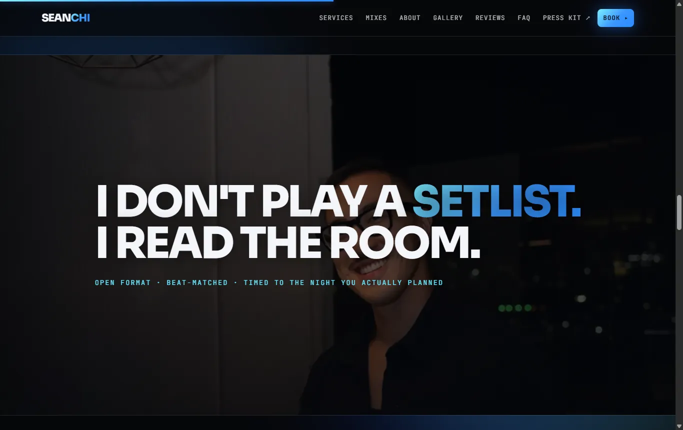 DJ Sean Chi site detail — booking and brand section.