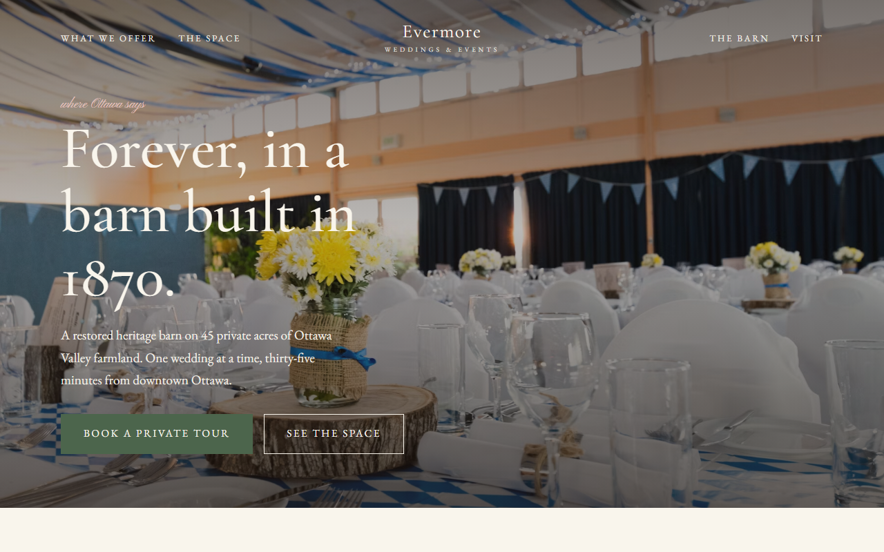 Evermore concept website — cinematic barn wedding venue homepage near Almonte.