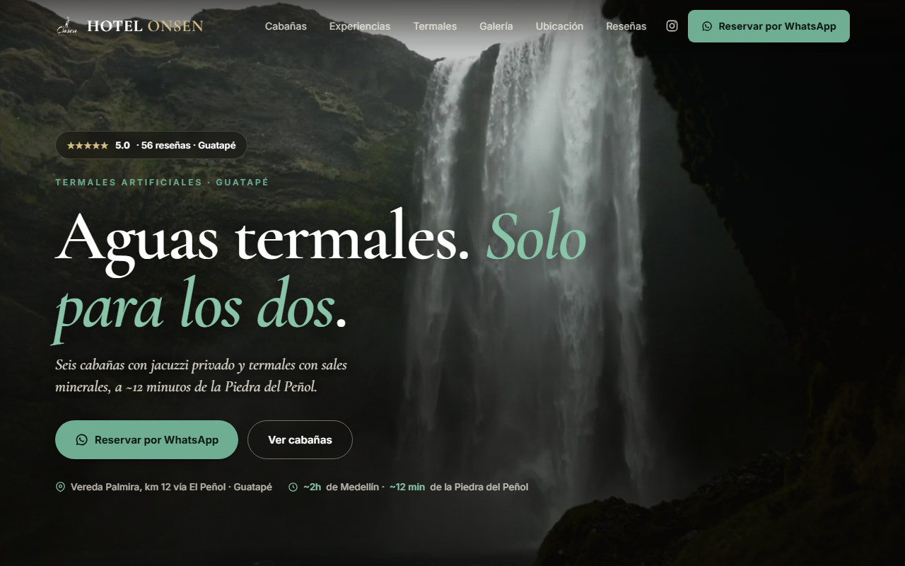 Hotel Onsen concept website — bilingual termales and cabanas retreat homepage in Guatape.