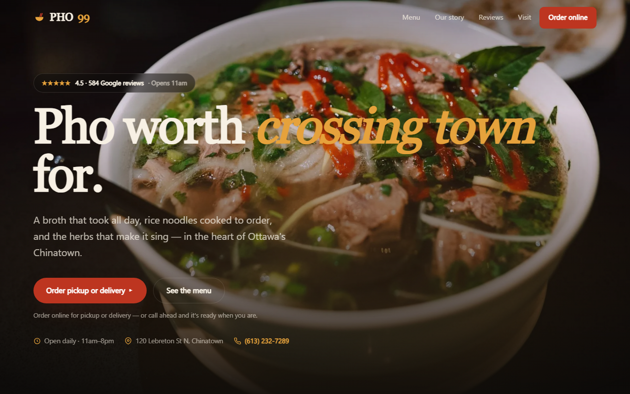 Pho 99 concept website — warm, fast Vietnamese restaurant homepage.